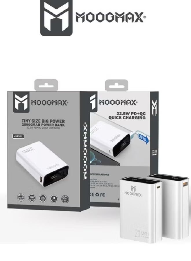 موجماكس باور بانك مارفل 20000 مللي أمبير و 22.5 وات، مقاس أنيق و وزن صغير، منفذين (النوع سي) و (]و اس بي ايه) يدعم الشحن السريع، شاشة عرض رقمية، لون أبيض  - شاحن المحمول والأجهزة شاحن شاحن متنقل شاحن تايب سي شاحن لاسلكي باوربانك باور بانك لاسلكي باوربانك صغير باور بانك قوي باور بانك جوي  باور بانك - Image 3