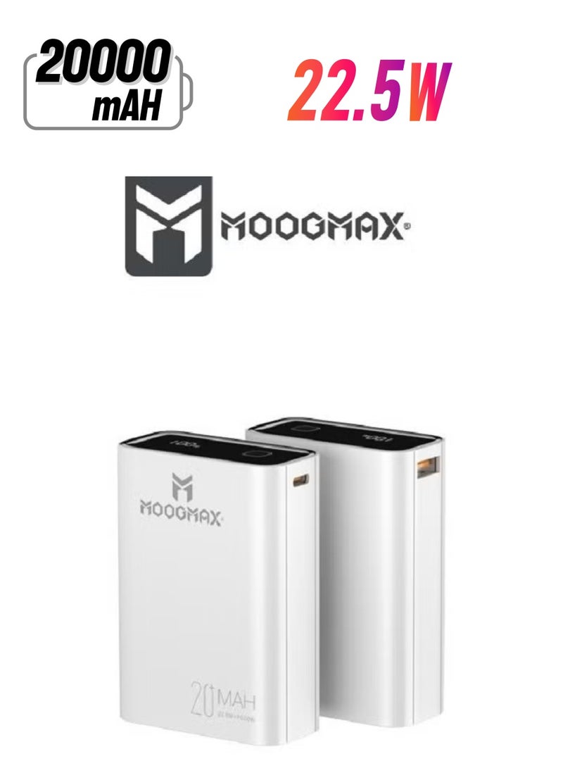 موجماكس باور بانك مارفل 20000 مللي أمبير و 22.5 وات، مقاس أنيق و وزن صغير، منفذين (النوع سي) و (]و اس بي ايه) يدعم الشحن السريع، شاشة عرض رقمية، لون أبيض  - شاحن المحمول والأجهزة شاحن شاحن متنقل شاحن تايب سي شاحن لاسلكي باوربانك باور بانك لاسلكي باوربانك صغير باور بانك قوي باور بانك جوي  باور بانك - Image 1