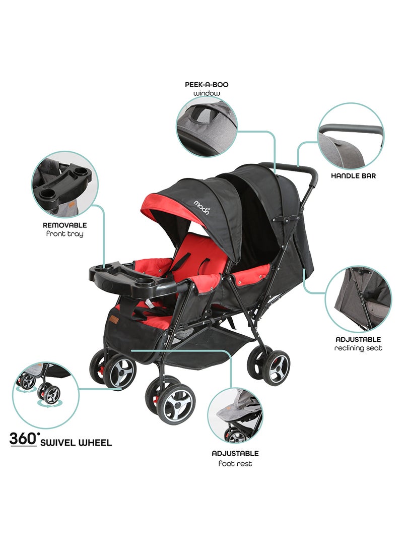 Moon Magnum Tandem Easy Fold Twin Travel Stroller – Compact And Lightweight, Suitable 0m+, Up to 15kg per Seat – Fire Red - Image 3