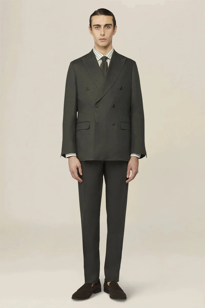 دوبل غانغر Men's double-breasted suit in 100% linen, regular fit - Forest Green