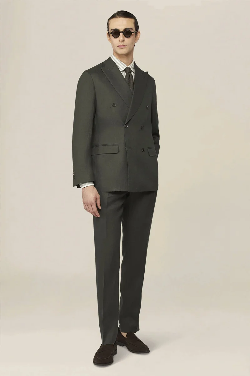 دوبل غانغر Men's double-breasted suit in 100% linen, regular fit - Forest Green