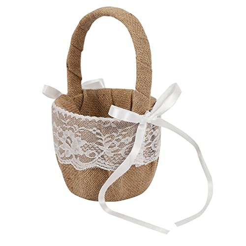 Burlap Wedding Flower Girl Basket Vintage Flower Basket Jute Roses Rustic Wedding Flower Girl Basket With Lace Satin Wedding Party Decoration Lace1pc