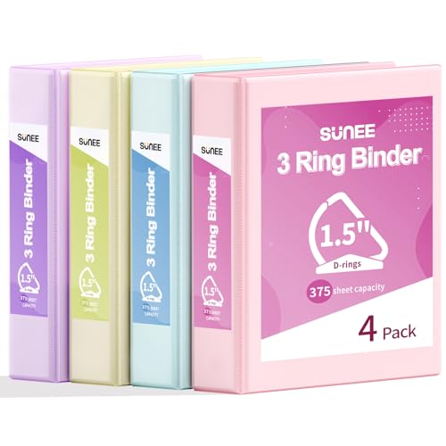 SUNEE 3 Ring Binder 1.5 Inch D Ring, Clear View Binder Three Ring PVC-Free (Fit 8.5x11 Inches) for School or Office Supplies, Assorted Pastel, 4 Pack - Image 1