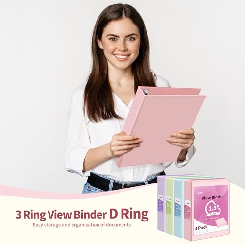 SUNEE 3 Ring Binder 1.5 Inch D Ring, Clear View Binder Three Ring PVC-Free (Fit 8.5x11 Inches) for School or Office Supplies, Assorted Pastel, 4 Pack - Image 5