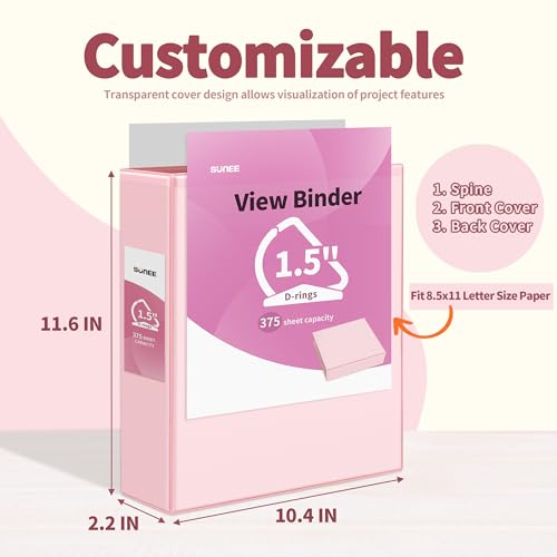 SUNEE 3 Ring Binder 1.5 Inch D Ring, Clear View Binder Three Ring PVC-Free (Fit 8.5x11 Inches) for School or Office Supplies, Assorted Pastel, 4 Pack - Image 2