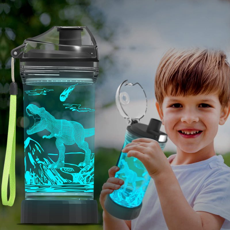 Ammonite Dinosaur Water Bottle for Kids with 3D Glowing LED Light - 14 OZ Tritan BPA Free - Creative Ideal Travel Cup Dinosaur Jurassic Gift for School Kid Boy Child Holiday Camping Picnic - Image 1