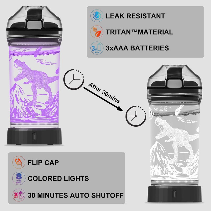 Ammonite Dinosaur Water Bottle for Kids with 3D Glowing LED Light - 14 OZ Tritan BPA Free - Creative Ideal Travel Cup Dinosaur Jurassic Gift for School Kid Boy Child Holiday Camping Picnic - Image 4