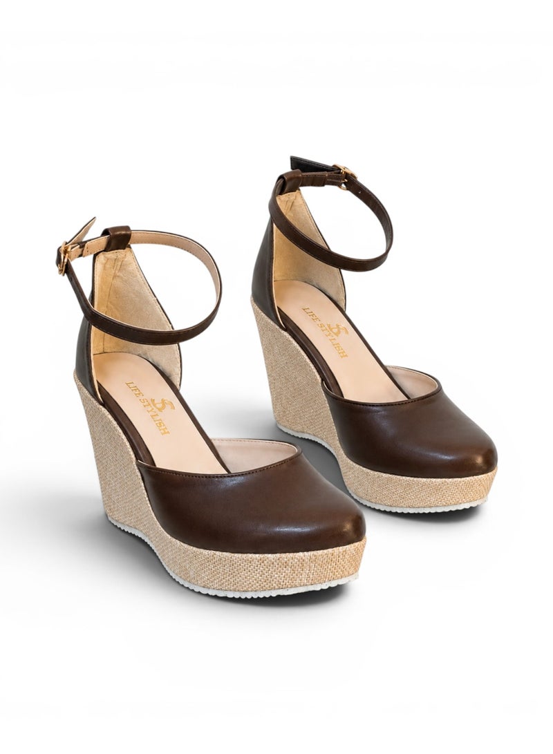 LIFESTYLISH Sandal heel wedge leather with ankle strap W-312 - Brown - Image 1