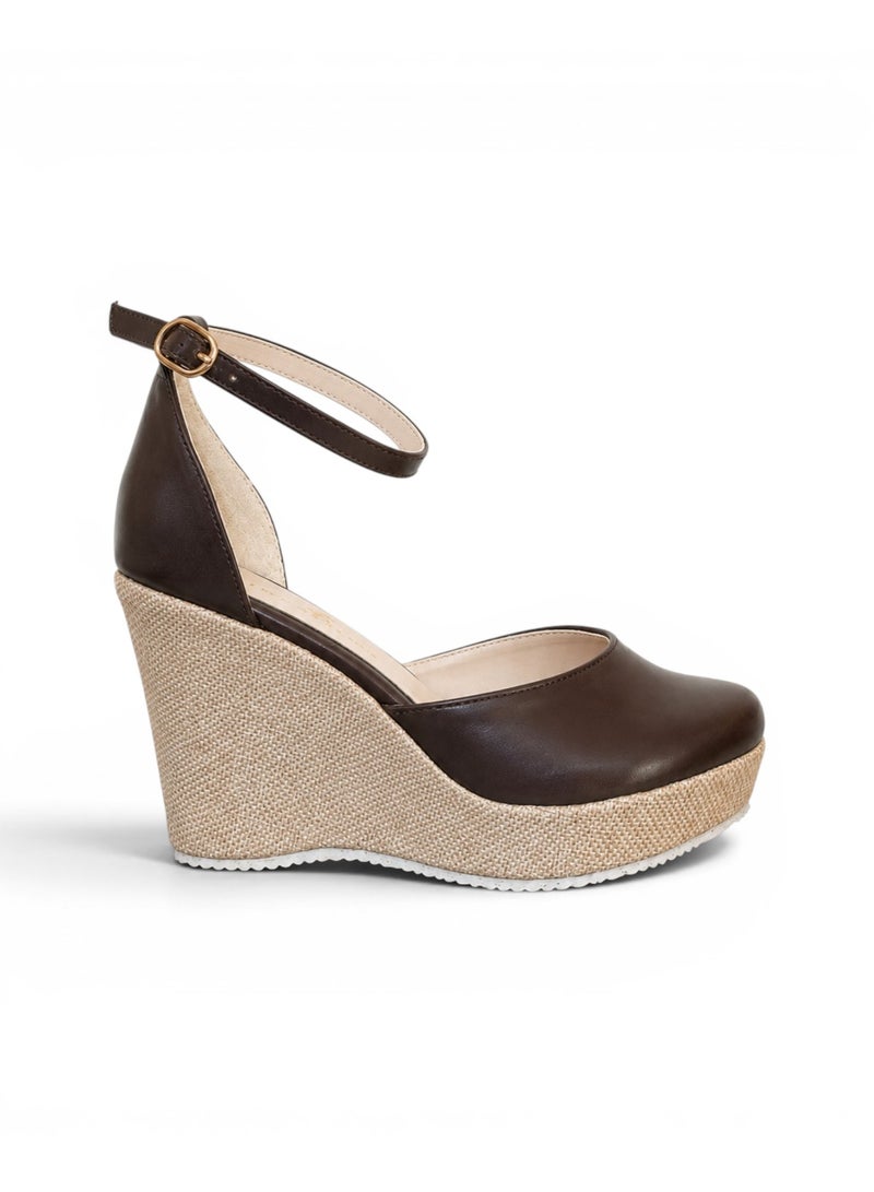 LIFESTYLISH Sandal heel wedge leather with ankle strap W-312 - Brown - Image 2