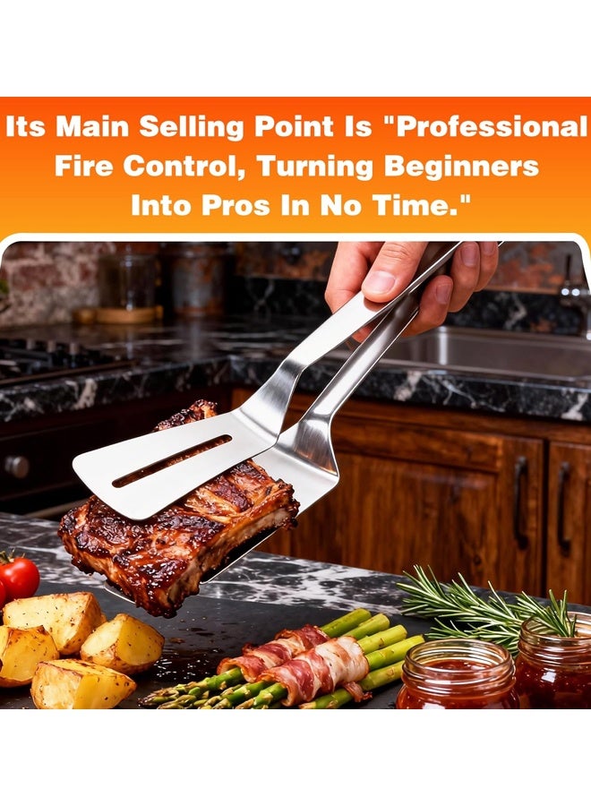 2PCS Stainless Steel Grill Clamp, Anti-Scald Extended Handle Spatula Tongs, for Grilling Meat, Flipping Fish and Pancakes with Non-Slip Grip - Image 4
