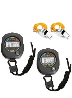 2 PCS Professional Stopwatch Timer Digital Sports Timer with Stainless Steel Whistle Set Waterproof Handheld Stop Watches Timer with Date Time&Alarm Function Shockproof Stopwatch for Swim Run