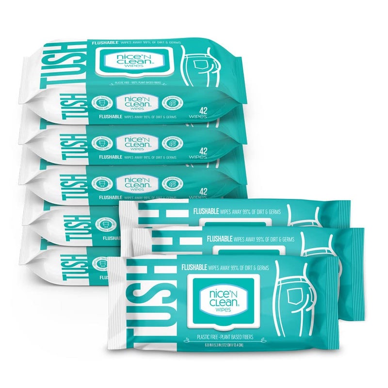 Nice 'N Clean Adult Flushable Wipes (8 x 42 Count) | Personal Cleansing Wipes Made from Plant-Based Fibers | Infused with Aloe & Vitamin E - Image 1