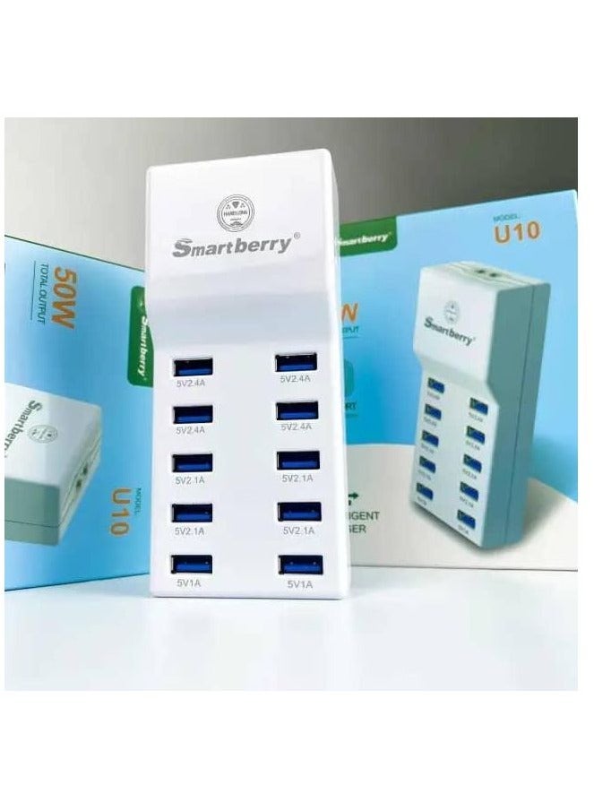 Smartberry 50W U10 10-Port USB Wall Charger – Multi-Device Intelligent Charging Station with Auto Detect Technology – High-Speed Adapter for Smartphones, Tablets, Laptops & More – Compact Family Charging Hub with Safety Protection – Fast & Efficient USB Power Block  - Image 2