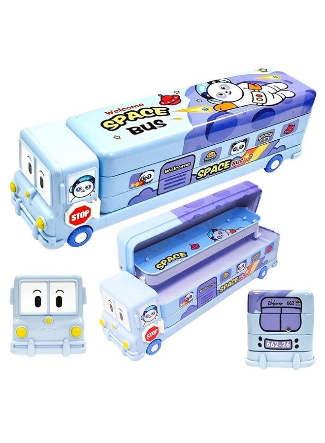 Famous Quality ® 2 In 1 - Cartoon Printed School Bus Metal Pencil Box With Moving Tyres And Sharpener For Kids - Blue,Metal - Image 2