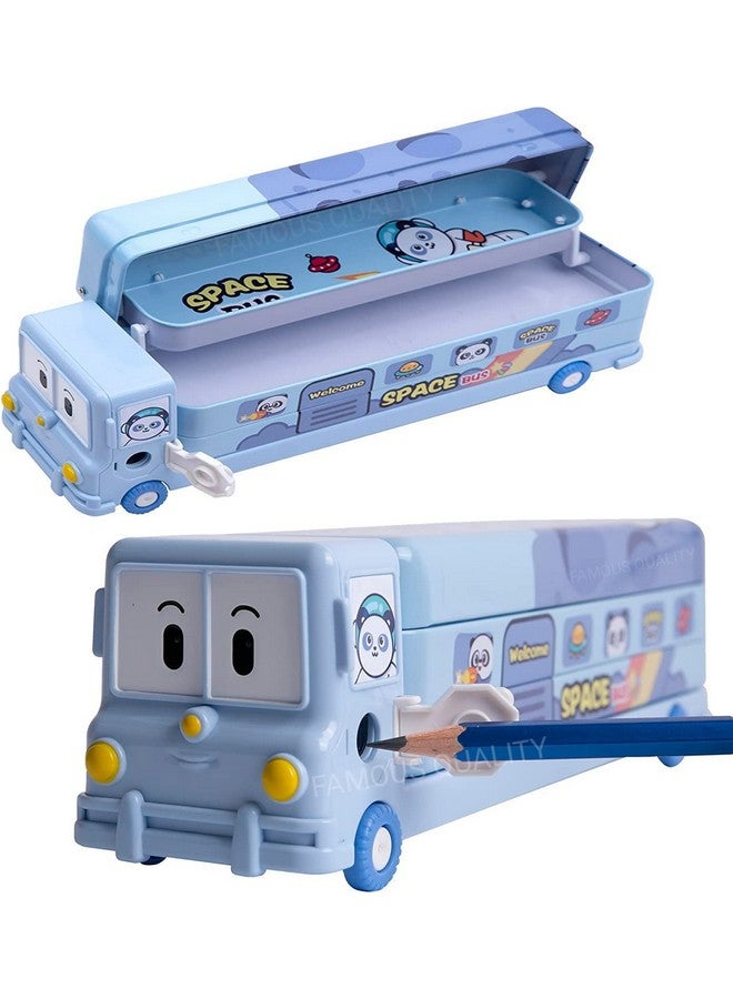 Famous Quality ® 2 In 1 - Cartoon Printed School Bus Metal Pencil Box With Moving Tyres And Sharpener For Kids - Blue,Metal - Image 1