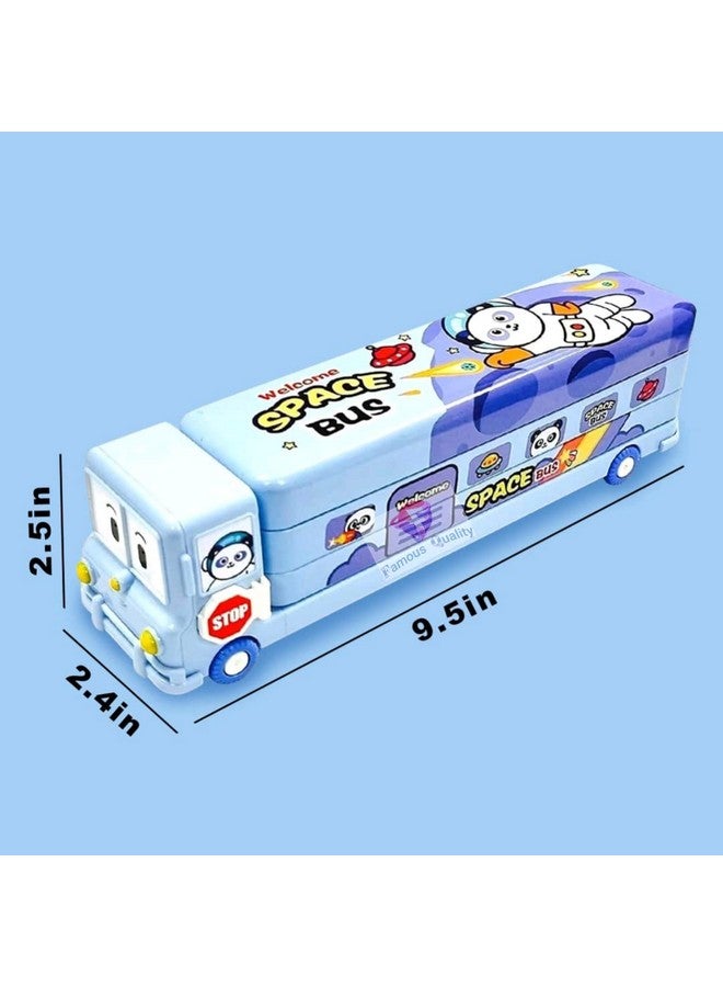 Famous Quality ® 2 In 1 - Cartoon Printed School Bus Metal Pencil Box With Moving Tyres And Sharpener For Kids - Blue,Metal - Image 4