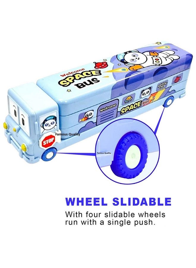 Famous Quality ® 2 In 1 - Cartoon Printed School Bus Metal Pencil Box With Moving Tyres And Sharpener For Kids - Blue,Metal - Image 3