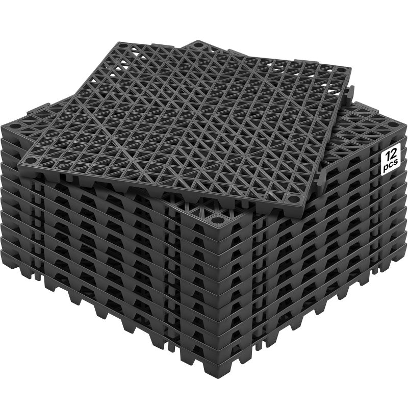VEVOR Modular Interlocking Cushion 12 Pack 12 x 12 Splicing Drainage Mats Soft PVC Interlocking Drainage Floor Tiles NonSlip Drainage Holes for Restroom Bathroom Kitchen Pool Wet Areas Blac - Image 2
