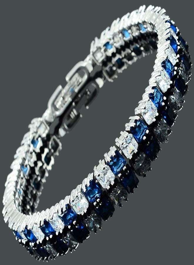 RIZILIA Ice Cube Princess Cut Simulated Blue Sapphire CZ 18K White Gold Plated Tennis Bracelet, 7" - Image 3