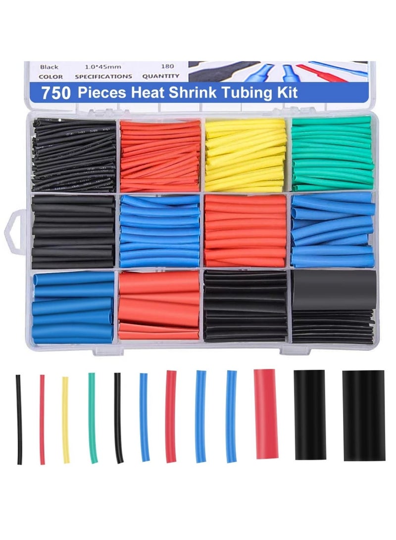 750 Pcs Heat Shrink Tubing, Electrical Wire Cable Tubing Set Shrink Ratio 2 : 1, Sleeving Wrap Wire Cable Kit for DIY (5 Colors/12 Sizes) - Image 1