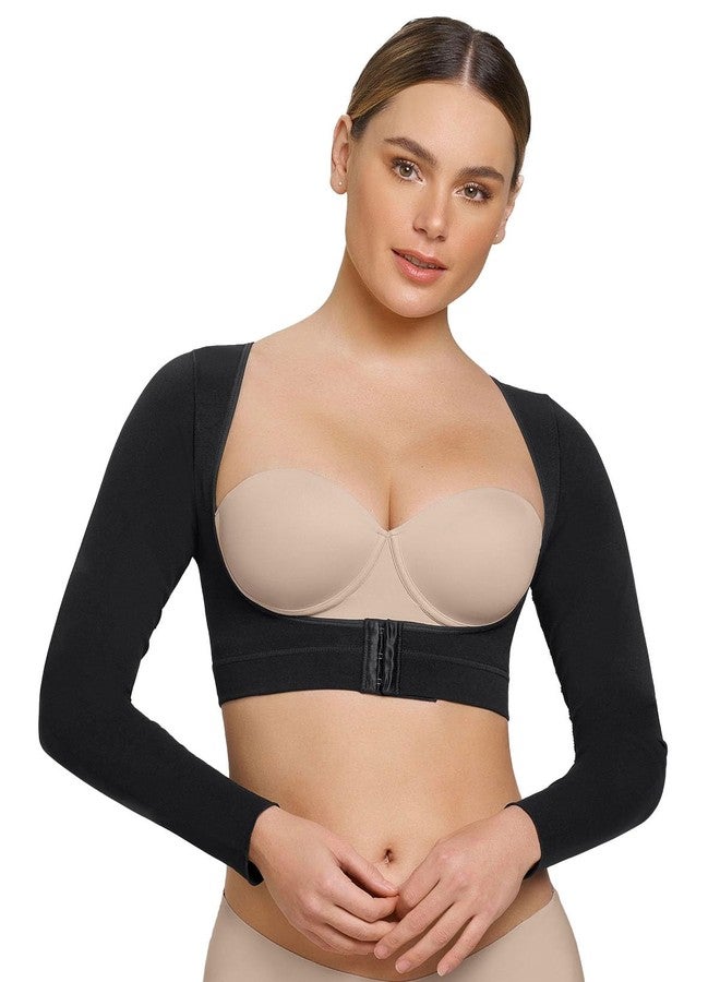 Leonisa Long Arm Compression Sleeve for Women - Seamless Upper Arm Shaper Post-Surgical Vest with Posture Corrector - Black, M - Image 1