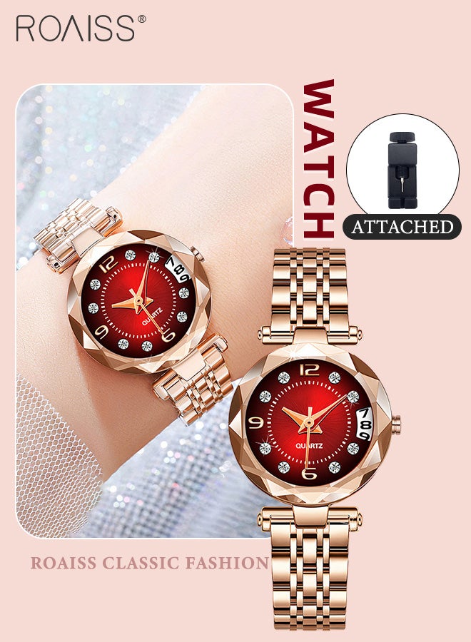 roaiss Women's Steel Band Quartz Watch, Analog Display Round Dial with Rhinestones Decorated Bezel and Calendar Display, Luxurious Waterproof Wristwatch as Gift for Ladies - Image 1