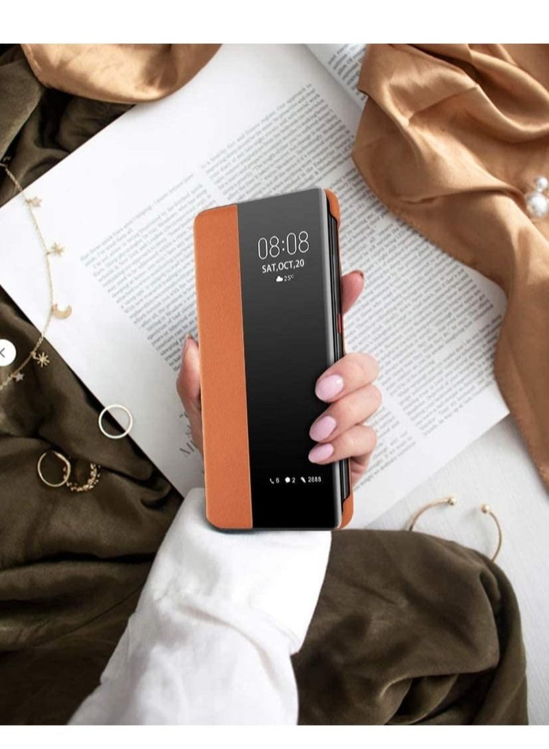 Captaintech PU Leather Smart View Window Flip Cover for Huawei Mate 30 Pro (6.53in, Orange) - Image 3