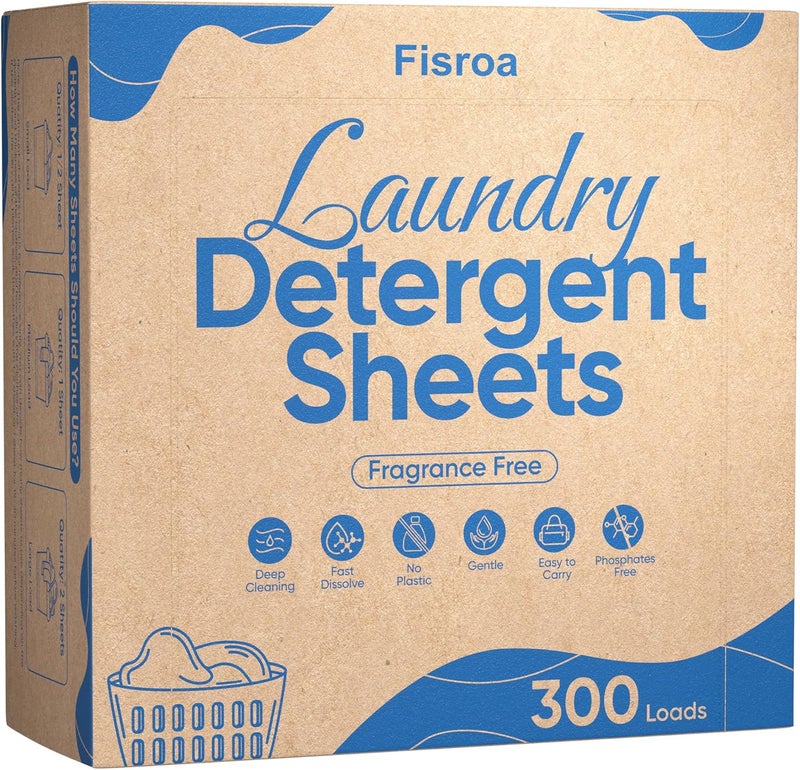 Fisroa Fragrance Free Laundry Detergent Sheets Travel Eco-friendly 300 Loads Clothes Washing Detergent Sheets Plastic-Free Washer Strips, Unscented Liquidless Laundry Strips Tablet - Image 1