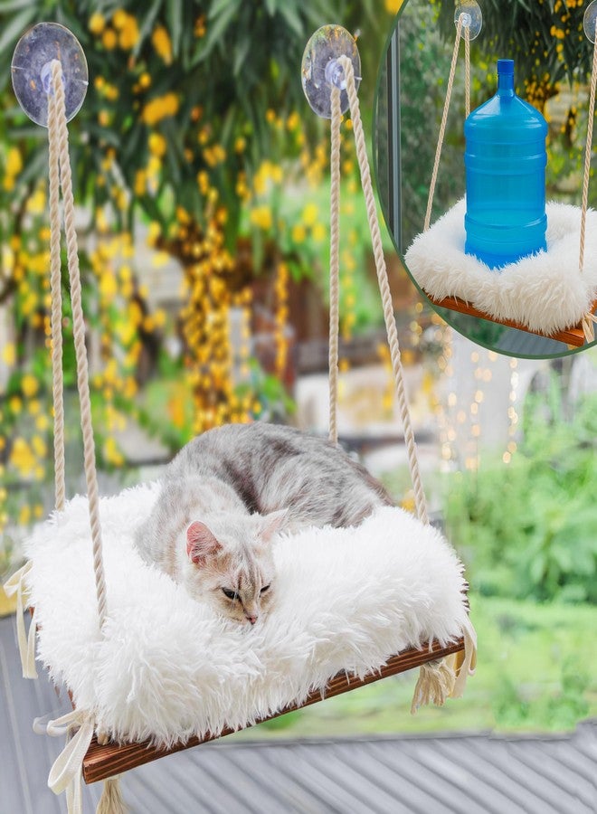 Furrfinity Cat Window Perch - Hammock Bed for Cats Inside - Solid Wood Seat, 4 Strong Suction Cups, Faux Fur Cushion - Rustic Indoor Pet Shelf - Image 1
