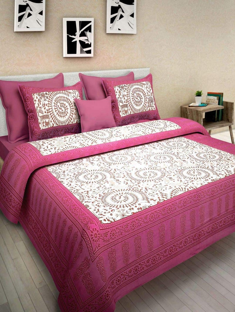 ART WORLD Queen Size Double Bed Sheet with Pillow Covers Pure Cotton Traditional Printed Bedcover(Pink) - Image 1