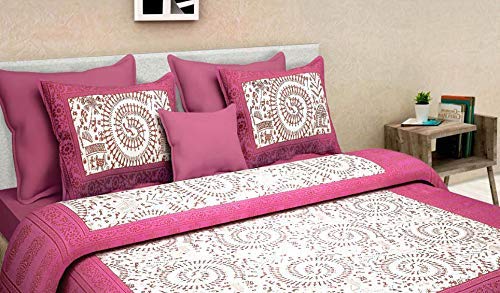 ART WORLD Queen Size Double Bed Sheet with Pillow Covers Pure Cotton Traditional Printed Bedcover(Pink) - Image 2