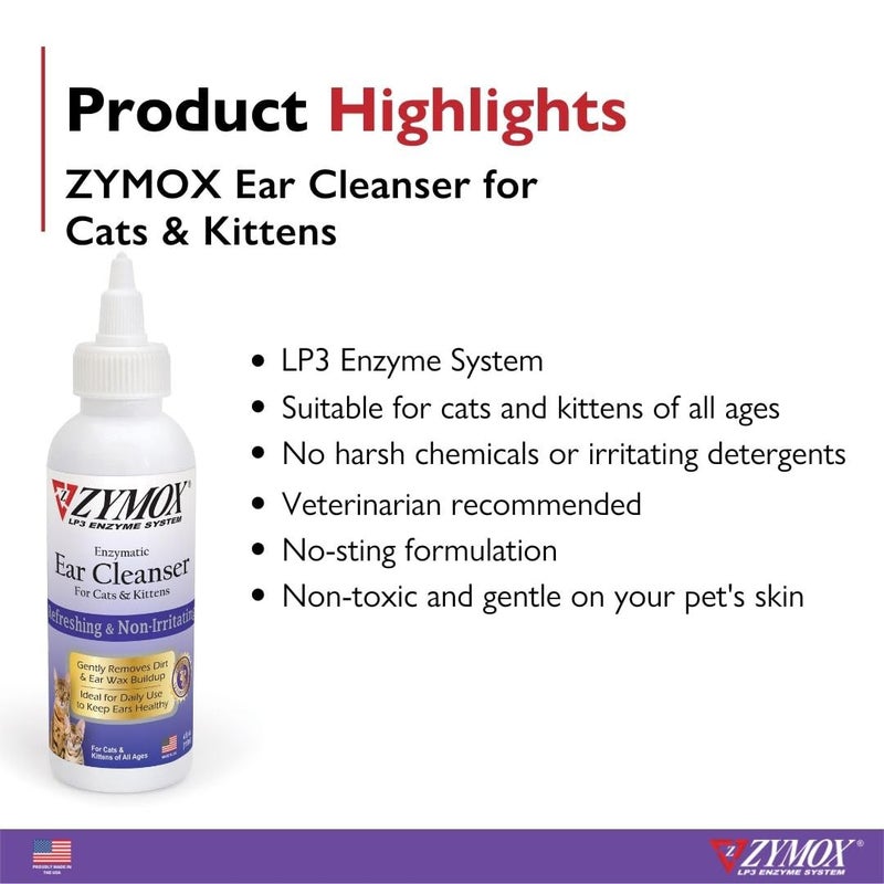 Zymox Enzymatic Ear Cleanser for Cats & Kittens, 4 oz. – Cleans & Refreshes Ear Canal for Relief from Wax & Dirt Buildup - Image 3