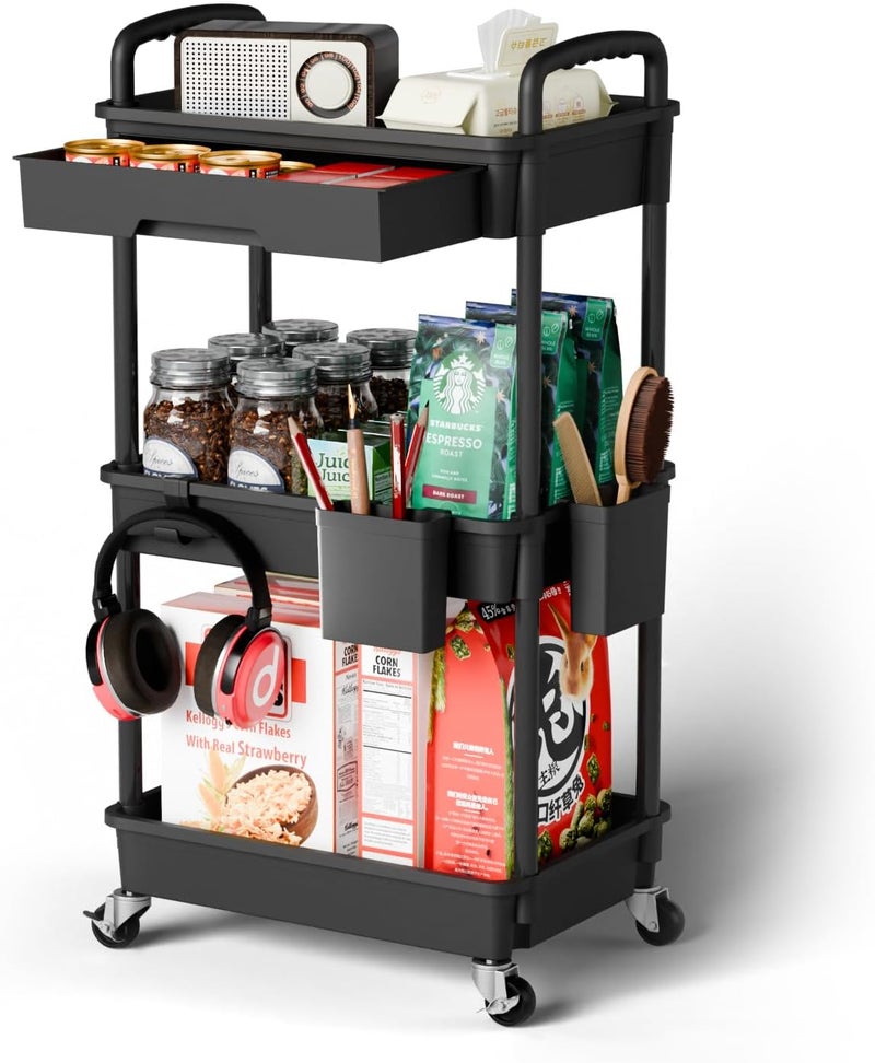 Sorgion 3 Tier Rolling Cart Organizer,Laundry Room Bathroom Organizers and Storage Office Shelves Mobile Shelving Unit Kitchen Trolley Cart with Wheels for Art,Craft,Diaper,Bedside,Snack(Black) - Image 1