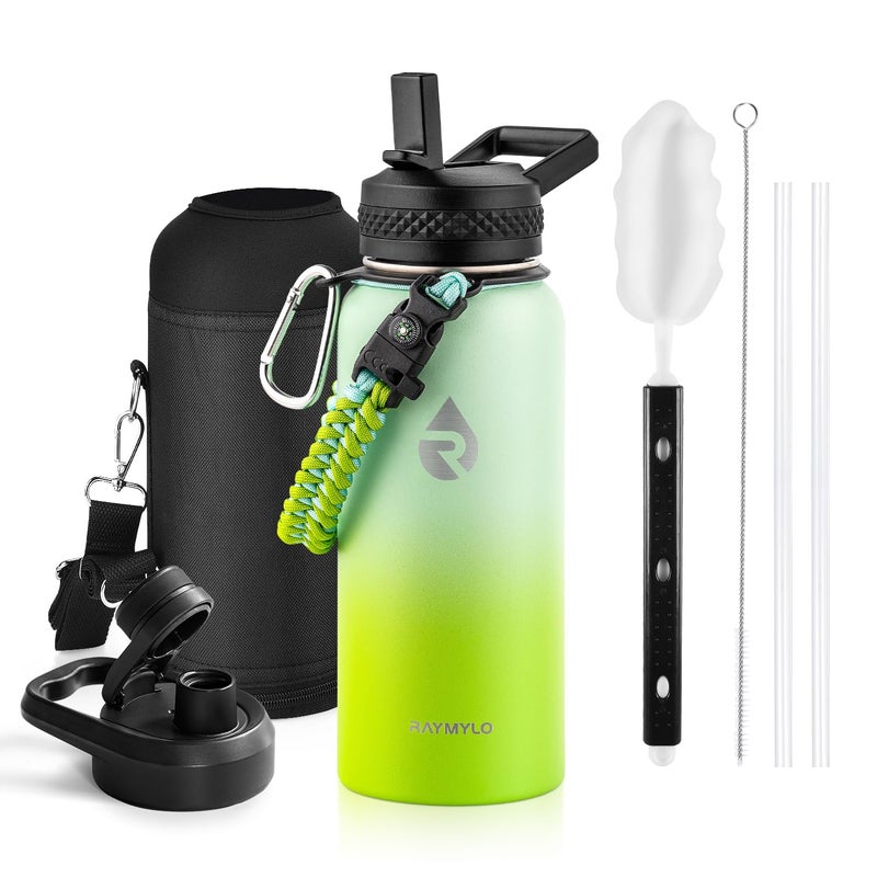 RAYMYLO Insulated Water Bottle 32 oz  Triple Wall Vacuum Stainless Steel (Cold for 48 Hrs)  Leak Proof & Non-BPA  Modern Water Flask Jug with Paracord Handle & Straw Spout Lids  Ombre Green - Image 1