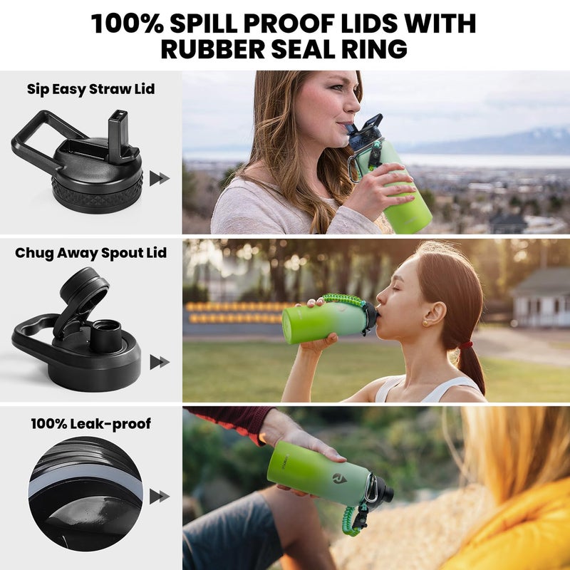 RAYMYLO Insulated Water Bottle 32 oz  Triple Wall Vacuum Stainless Steel (Cold for 48 Hrs)  Leak Proof & Non-BPA  Modern Water Flask Jug with Paracord Handle & Straw Spout Lids  Ombre Green - Image 3
