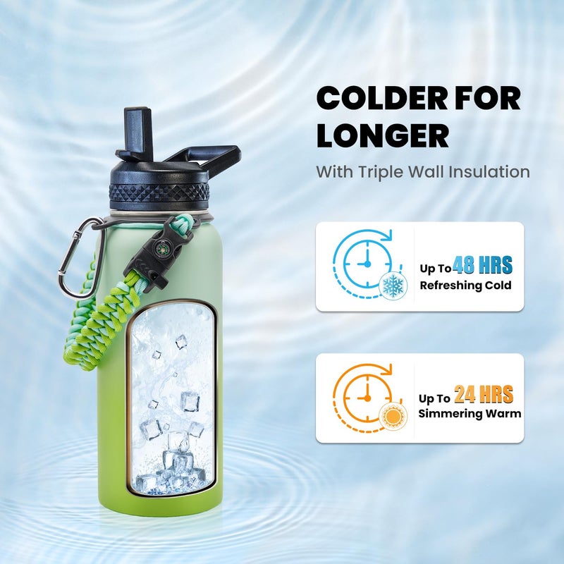 RAYMYLO Insulated Water Bottle 32 oz  Triple Wall Vacuum Stainless Steel (Cold for 48 Hrs)  Leak Proof & Non-BPA  Modern Water Flask Jug with Paracord Handle & Straw Spout Lids  Ombre Green - Image 2
