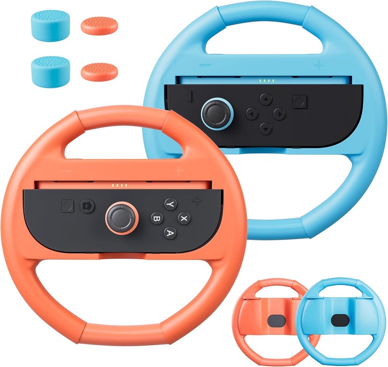 FANPL for Nintendo Switch 2 Steering Wheel, Comfort Grip for Mario Kart Wheel JoyCon 2 Controller, with 4 Thumb Caps, Enhance Racing Experience (Blue-Orange) - Image 1