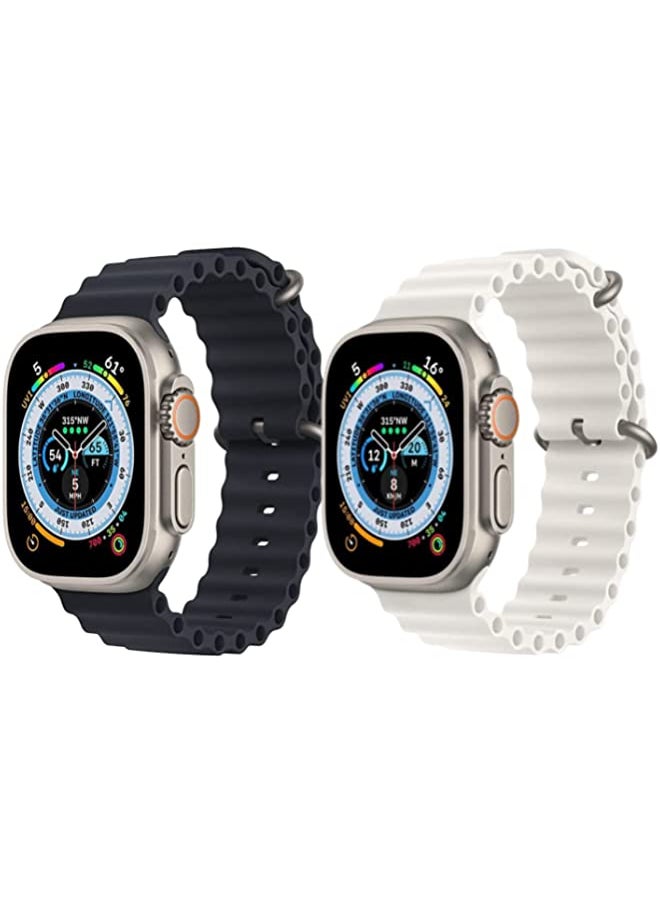 Silicone Ocean Band Strap for Apple Watch Ultra 8 49mm Black Single Color Strap with White Single Color Strap Set of 2