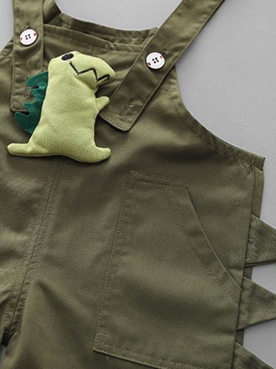 Bold N Elegant Kids Dinosaur Dungaree Set with Striped T-Shirt Cotton Summer Outfit for Infant Toddler Kids Boy Girl (Army Green, 4-5 Years) - Image 2