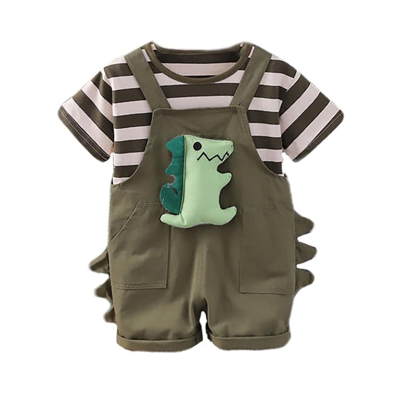 Bold N Elegant Kids Dinosaur Dungaree Set with Striped T-Shirt Cotton Summer Outfit for Infant Toddler Kids Boy Girl (Army Green, 4-5 Years) - Image 5