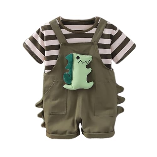 Bold N Elegant Kids Dinosaur Dungaree Set with Striped T-Shirt Cotton Summer Outfit for Infant Toddler Kids Boy Girl (Army Green, 4-5 Years) - Image 1