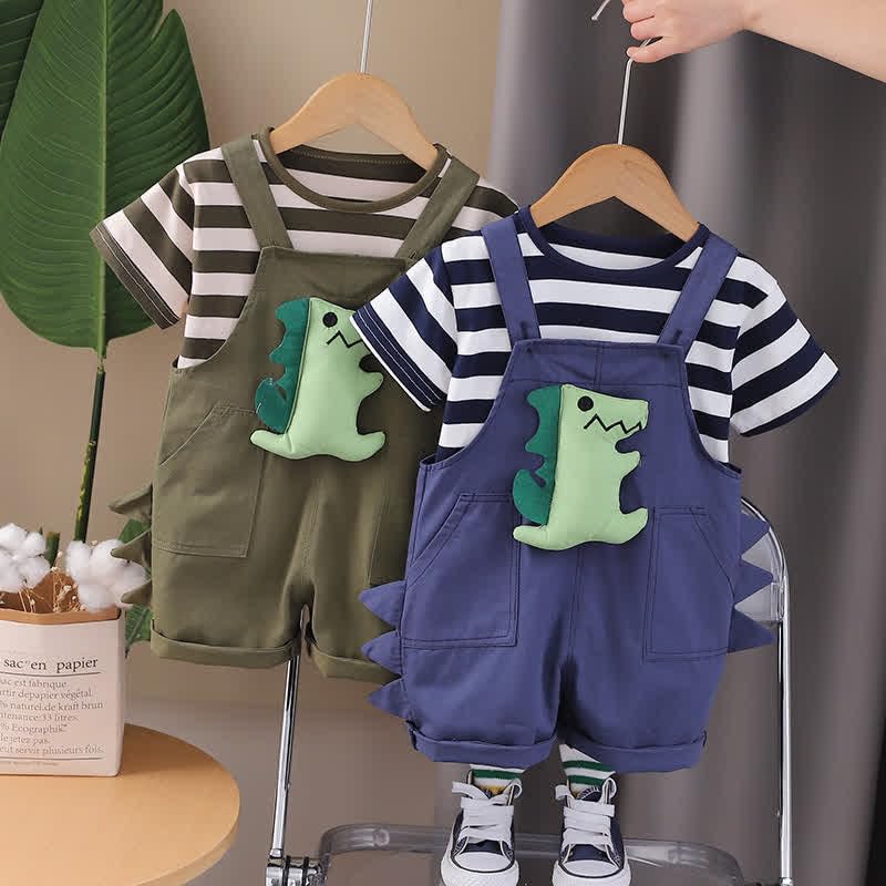 Bold N Elegant Kids Dinosaur Dungaree Set with Striped T-Shirt Cotton Summer Outfit for Infant Toddler Kids Boy Girl (Army Green, 4-5 Years) - Image 3