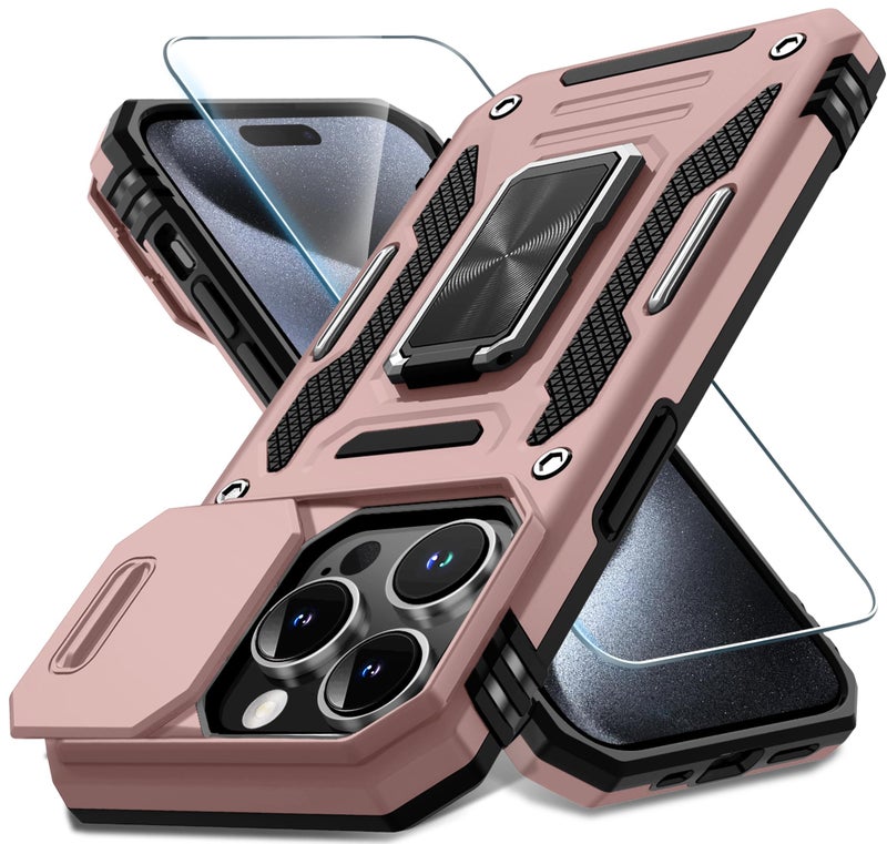 DEERLAMN Case for iPhone 15 Pro Max with Slide Camera Cover+Screen Protector(1 Pack), Rotated Ring Kickstand Military Grade Shockproof Protective Cover 6.7 Inch-Rose Gold - Image 1