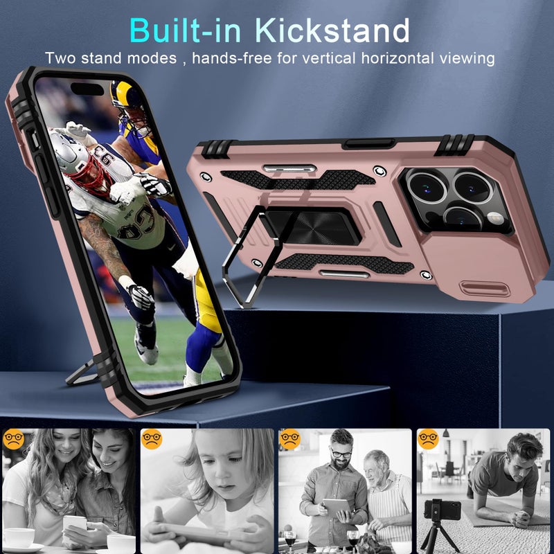DEERLAMN Case for iPhone 15 Pro Max with Slide Camera Cover+Screen Protector(1 Pack), Rotated Ring Kickstand Military Grade Shockproof Protective Cover 6.7 Inch-Rose Gold - Image 5
