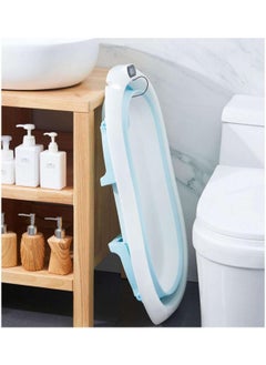 SKY-TOUCH Baby Foldable Bathtub with Bath Mat Cushion and Thermometer, Portable Baby Bathtub with Drain Hole, Shower Basin with Non-Slip Support Leg for 0–6 Year Old Babies - Blue  - Image 4