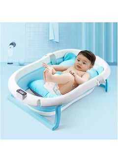 SKY-TOUCH Baby Foldable Bathtub with Bath Mat Cushion and Thermometer, Portable Baby Bathtub with Drain Hole, Shower Basin with Non-Slip Support Leg for 0–6 Year Old Babies - Blue  - Image 2