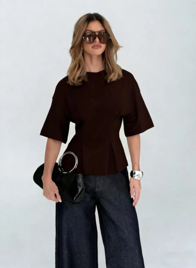 Take Two Dark Brown Fitted Waist Peplum-Style Top