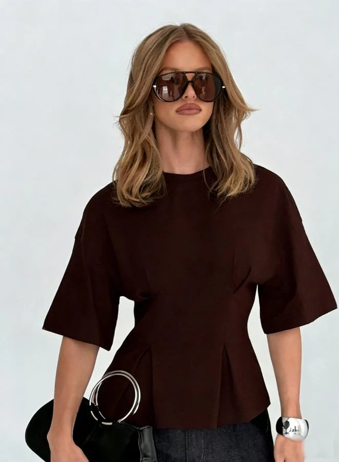 Take Two Dark Brown Fitted Waist Peplum-Style Top