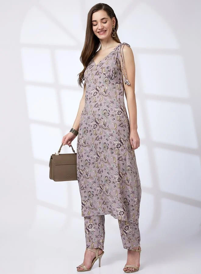 globus Tie-Up Strappy Shoulder A-Line Kurta and Pants Workwear Set