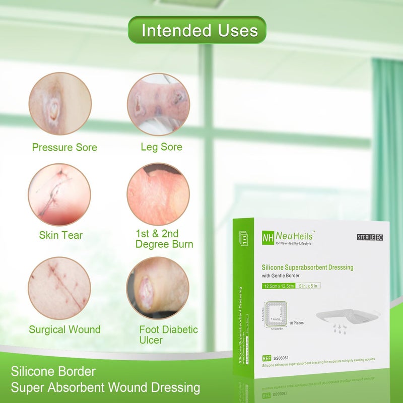 NeuHeils Silicone Super Absorbent Wound Dressing 5''x5'' 10 Packs, Self-Adhesive Waterproof Bandage with Ultrasorb Polymer Pad for Heavy Exudates Wound - Image 2